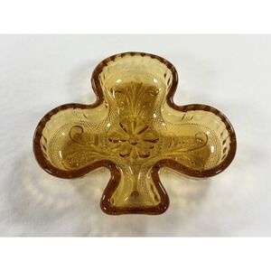Vintage Indiana Glass Amber Tiara Clover Shamrock 4" Dish Ashtray Jewelry Tray 1